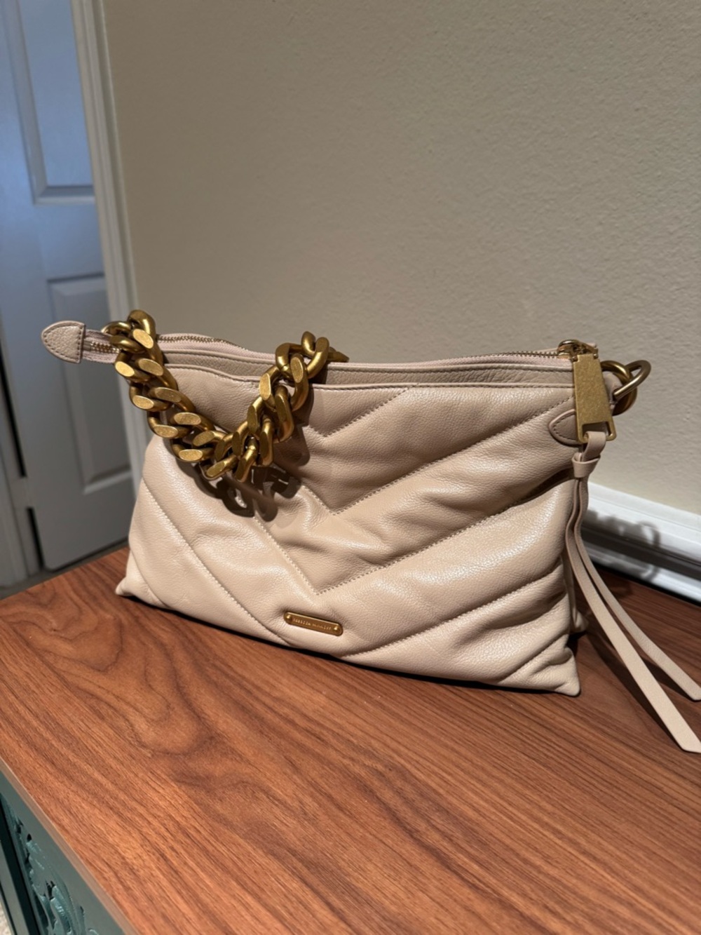 Rebecca Minkoff Cream Quilted Clutch with Gold Chain